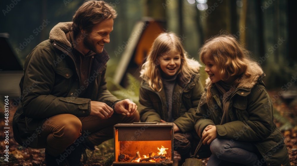 Family camping in the woods.