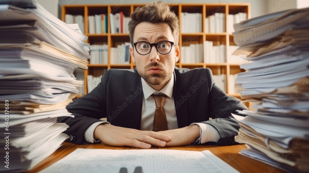 Tired accountant making calculations analyzing data, Business man in suit and glasses working at the desk on his workplace at office with pile of folders and stack of papers.