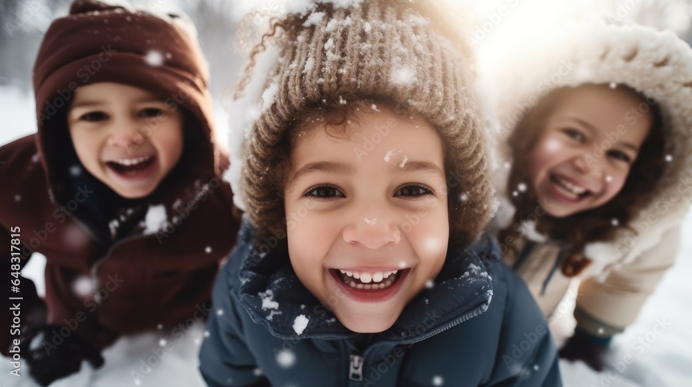 Happy group of children playing in the snow during winter.