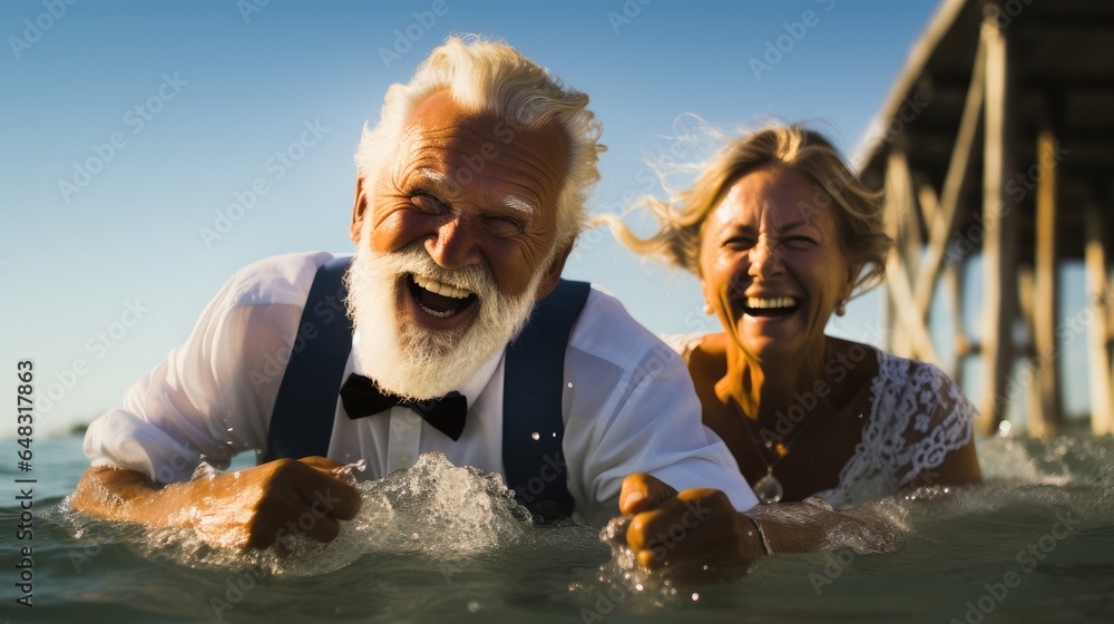 Happy old couple in the sea.