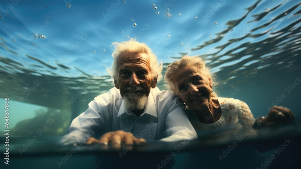 Happy old couple under water in the sea.