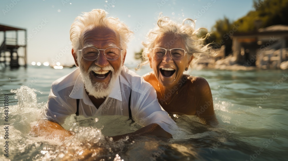 Happy old couple in the sea.