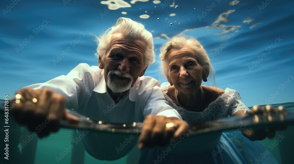 Happy old couple under water in the sea.