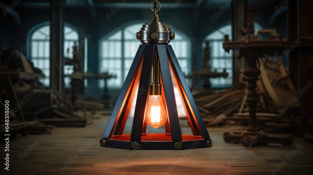 Large industrial hanging pendant light with geometric pattern in a hallway.