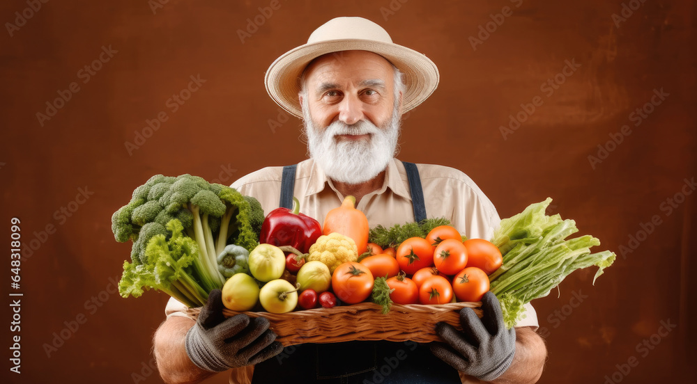 Mature male farmer with wooden box full vegetables on orange background.