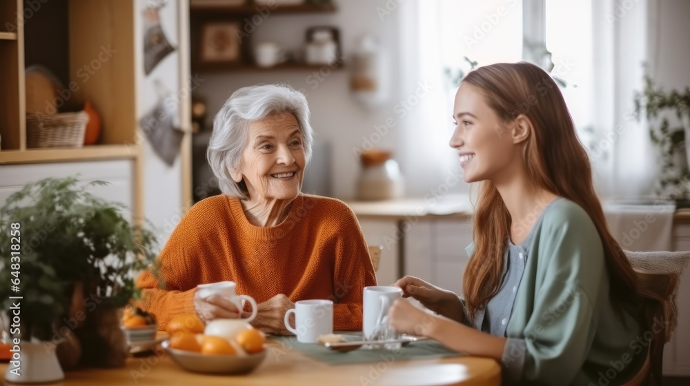 Nurse spending quality time with senior woman in nursing home.