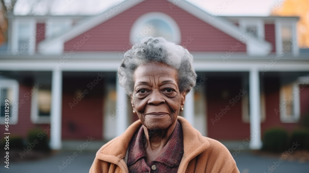 Senior African American woman standing outside at nursing home.