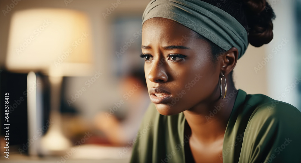 Business black woman are reading and confused in her office, Typing an email or report.