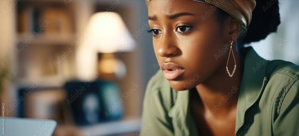 Business black woman are reading and confused in her office, Typing an email or report.