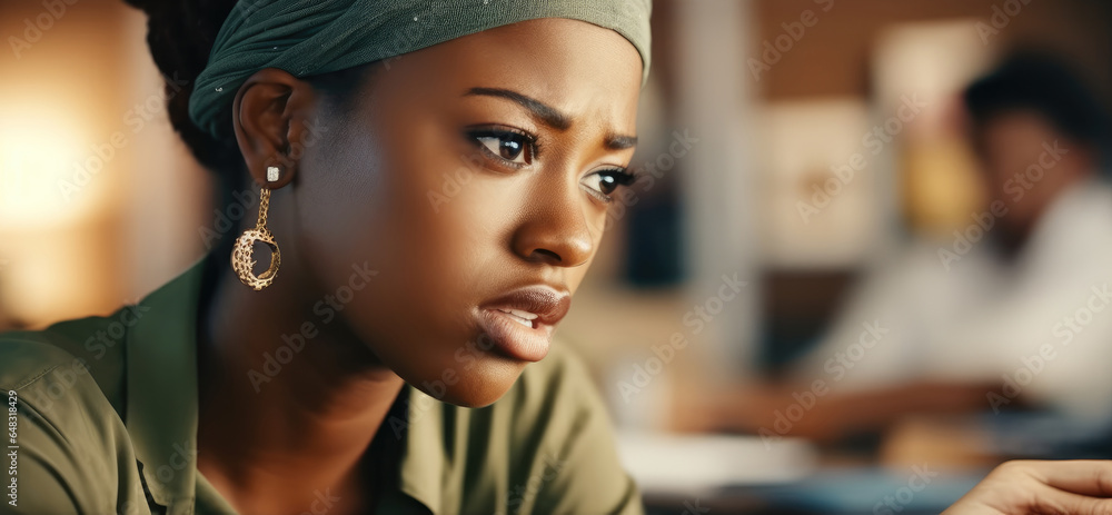 Business black woman are reading and confused in her office, Typing an email or report.