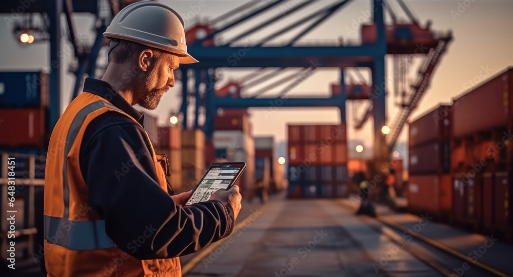 Engineer using tablet for working at containers yard from cargo freight ship.