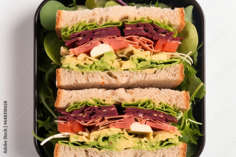 Sandwiches inside a lunch box on white background. top view.