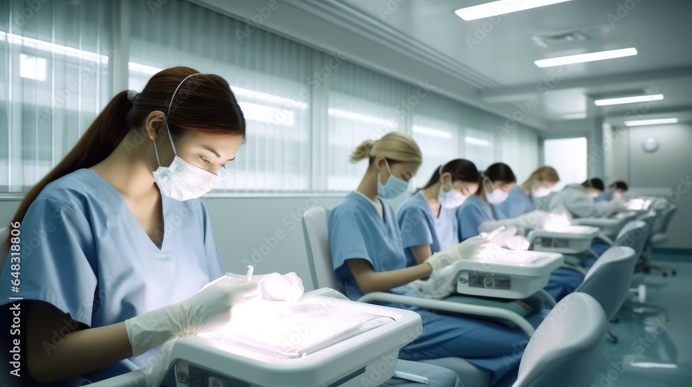 Young woman student Dentist assistant in an exam room.