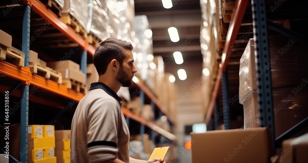 Warehouse worker carrying boxes turns back and forth through a retail warehouse full of shelves.