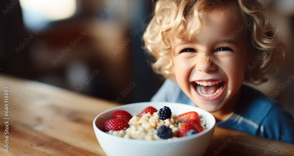 Smiling adorable child having breakfast eating oatmeal porridge with berries, Food.