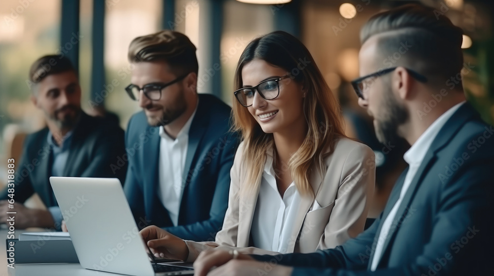 Smiling diverse business people sit at office desk talk laugh discussing business ideas together.