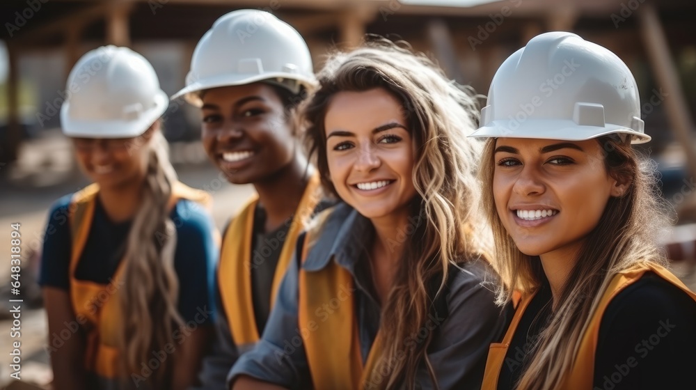 Diverse happy group of women working construction on a construction site.