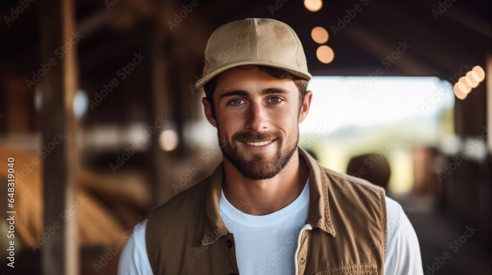 Happy young male caucasian farmer working on a farm.