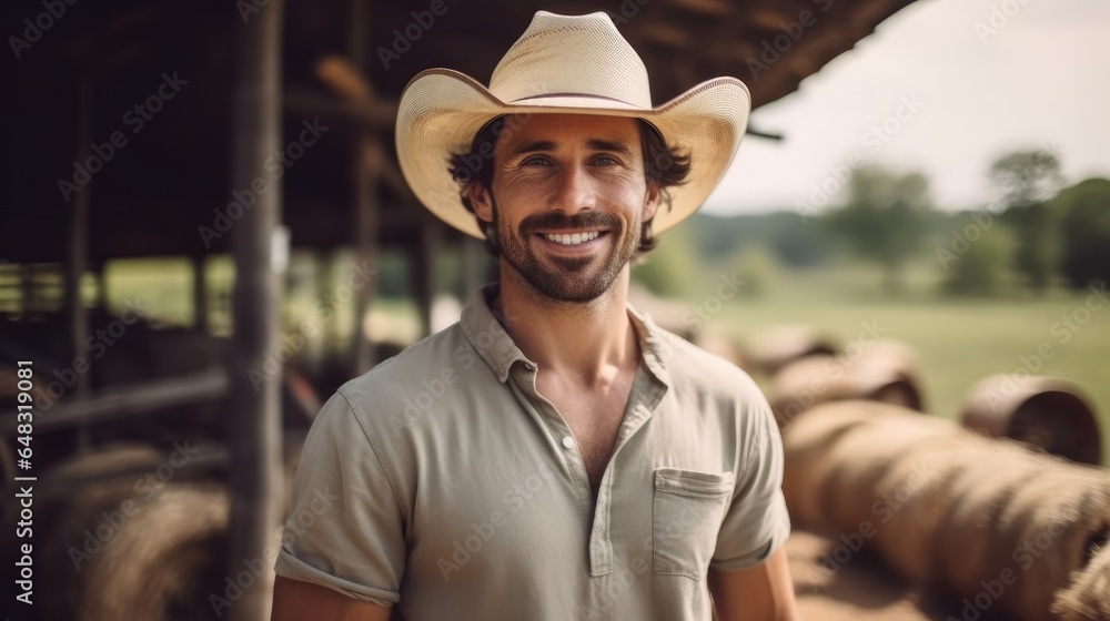 Happy young male caucasian farmer working on a farm.