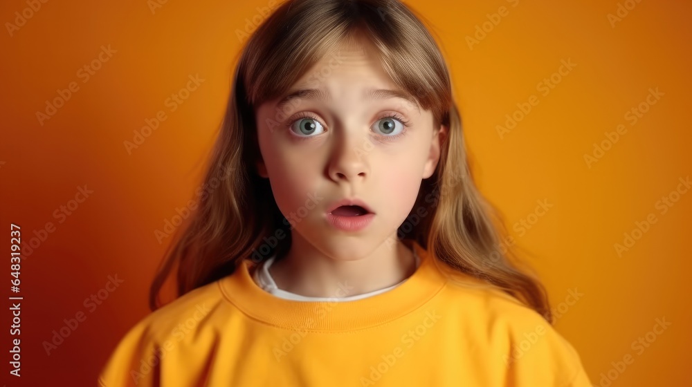 Look shocked, Surprised amazed teen girl against orange background in studio.