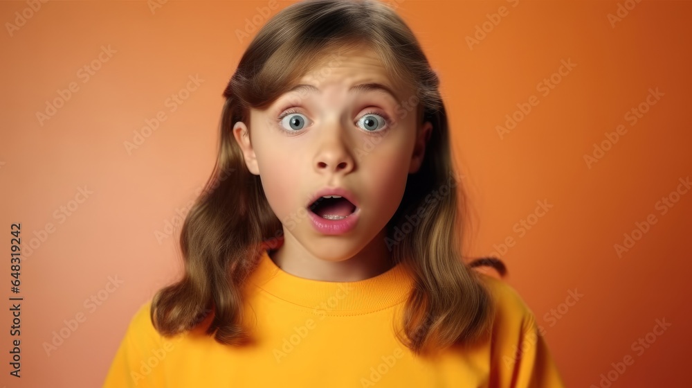 Look shocked, Surprised amazed teen girl against orange background in studio.