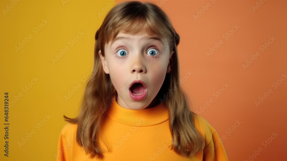 Look shocked, Surprised amazed teen girl against orange background in studio.