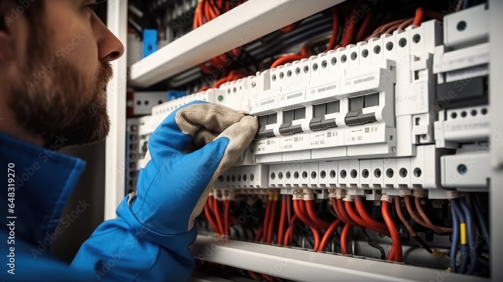 Technician checking fuse box in control room.