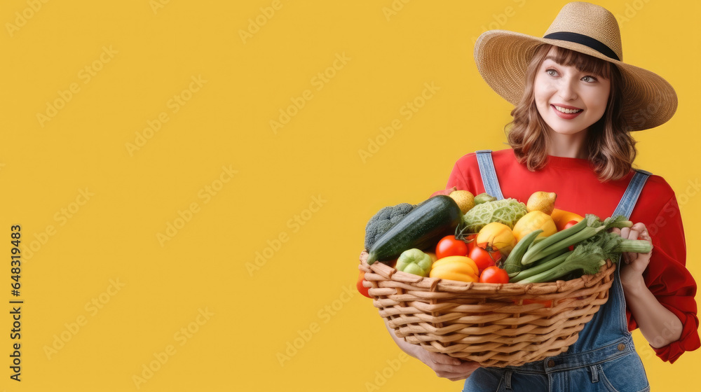 Young woman farmer with basket full of different vegetables on yellow background.