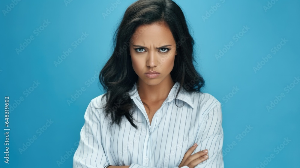 Young woman frowning face in displeasure and keeps arms folded.