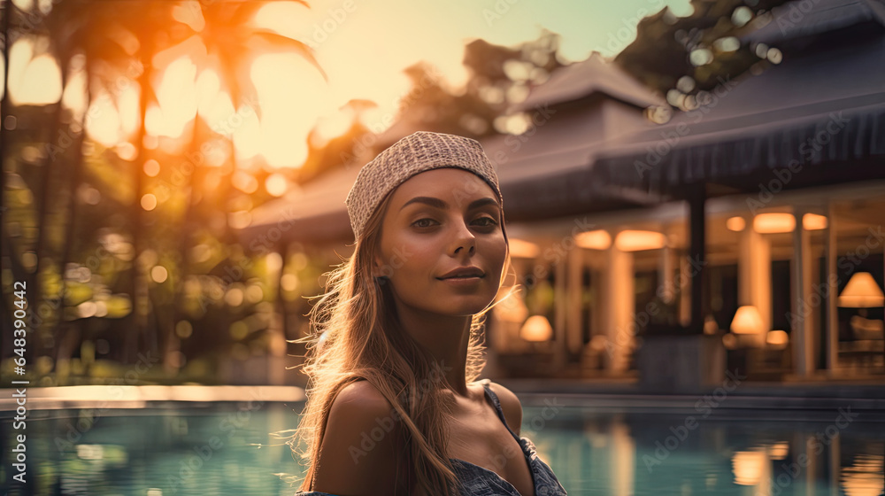 a Beautiful young woman on vacation in pool at luxury spa hotel in Bali. Summer travel and leisure ideas. Generetive Ai