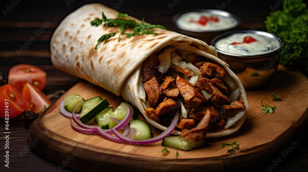 Delicious shawarma served on wooden board on table in cafe. Grilled pita wrapping chicken meat and fresh vegetables with sauce. healthy food. Generetive Ai