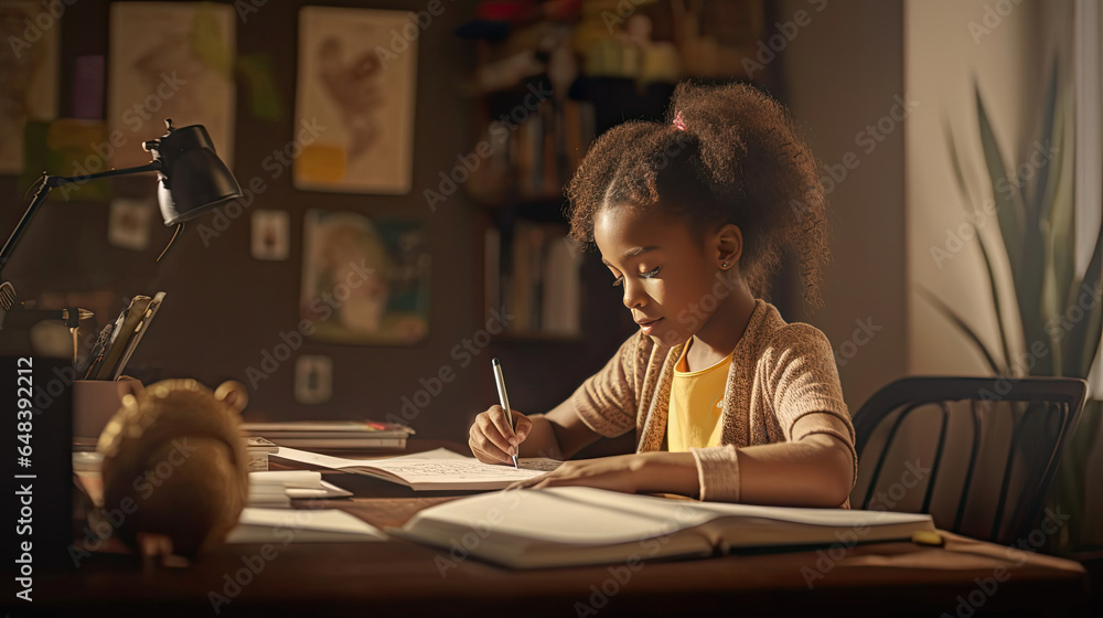 Happy african american child school girl doing homework while sitting at desk at home. Generetive Ai