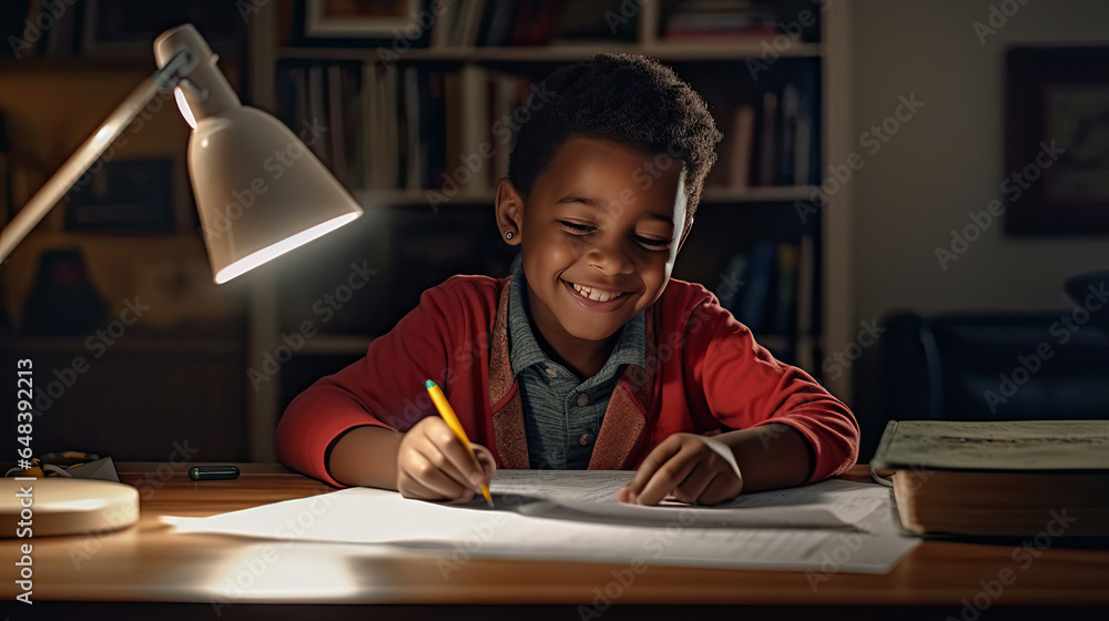 Happy african american child school boy doing homework while sitting at desk at home. Generetive Ai