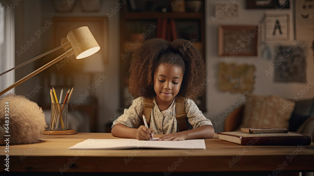 Happy african american child school girl doing homework while sitting at desk at home. Generetive Ai