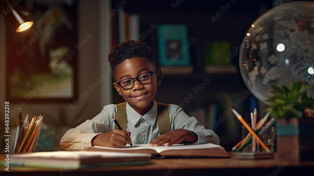 Happy african american child school boy doing homework while sitting at desk at home. Generetive Ai