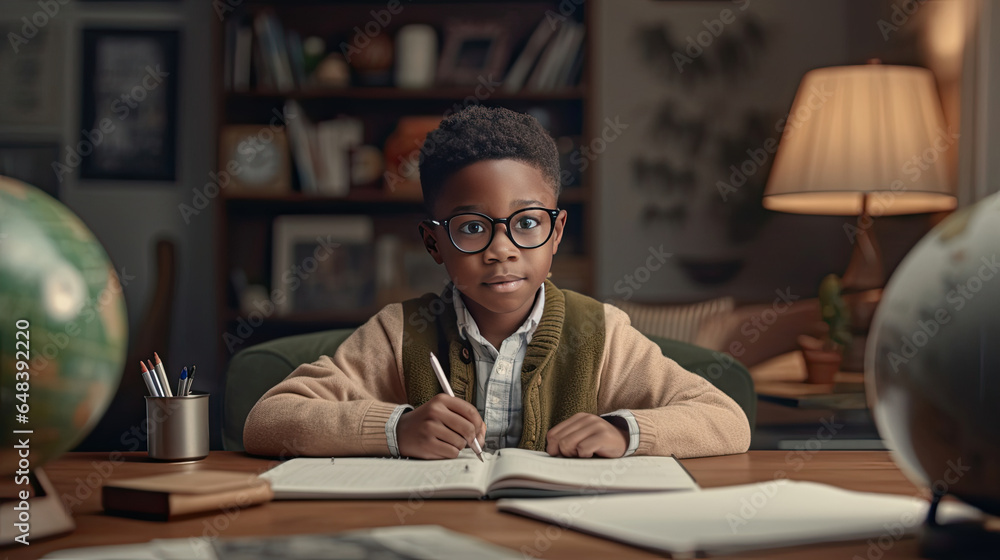 Happy african american child school boy doing homework while sitting at desk at home. Generetive Ai