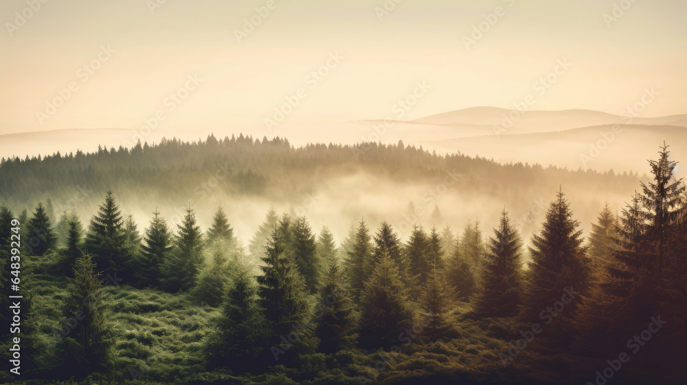 Misty landscape with fir forest in vintage retro style, Nature background. Generetive Ai