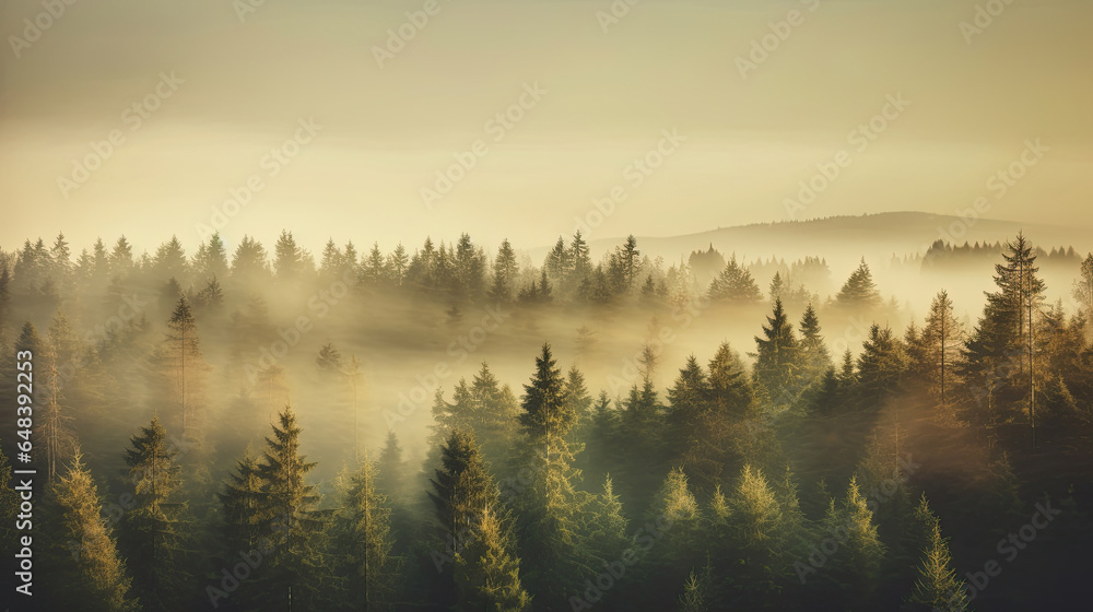 Misty landscape with fir forest in vintage retro style, Nature background. Generetive Ai