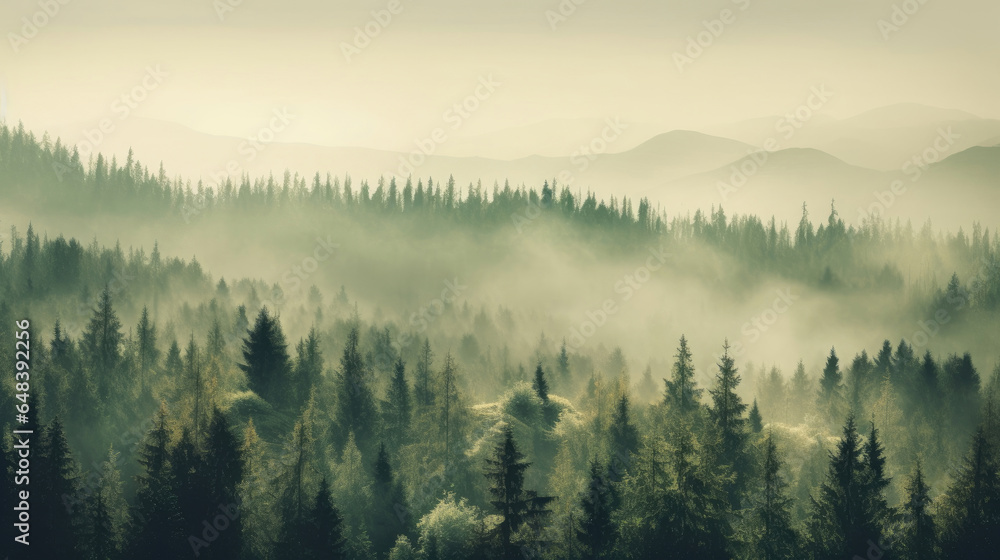 Misty landscape with fir forest in vintage retro style, Nature background. Generetive Ai