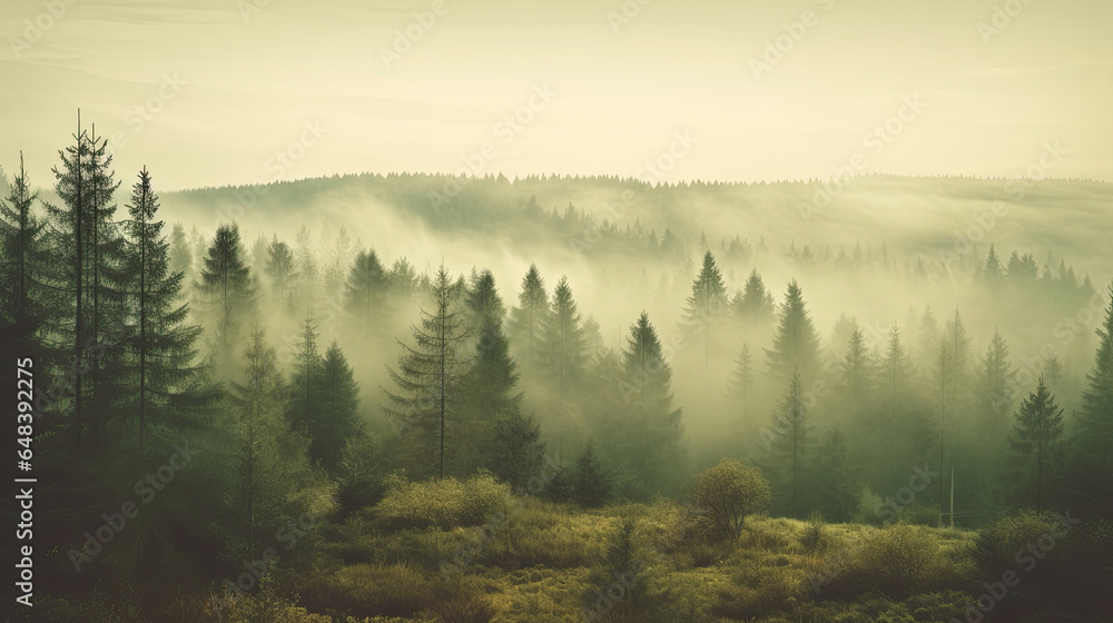 Misty landscape with fir forest in vintage retro style, Nature background. Generetive Ai