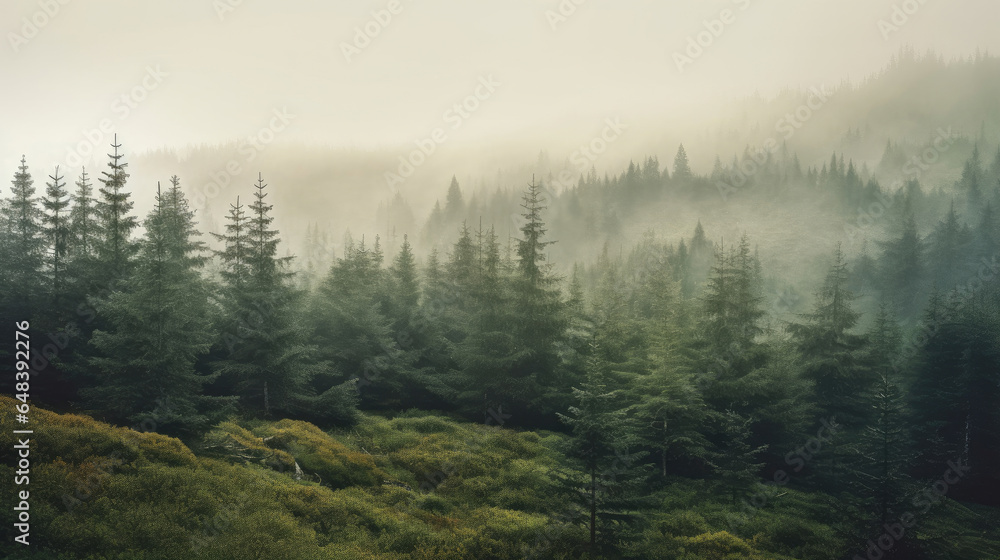 Misty landscape with fir forest in vintage retro style, Nature background. Generetive Ai