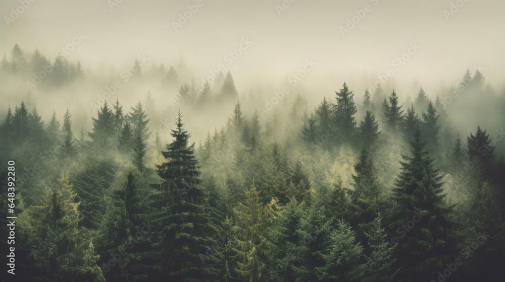 Misty landscape with fir forest in vintage retro style, Nature background. Generetive Ai