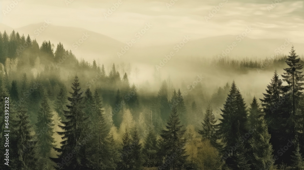 Misty landscape with fir forest in vintage retro style, Nature background. Generetive Ai