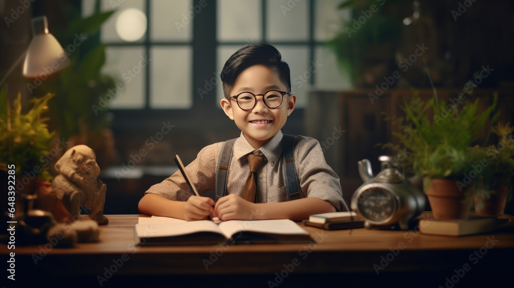 Smiling asian child school boy doing homework while sitting at desk at home. Generetive Ai