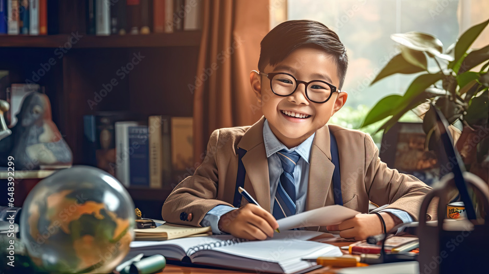 Smiling asian child school boy doing homework while sitting at desk at home. Generetive Ai