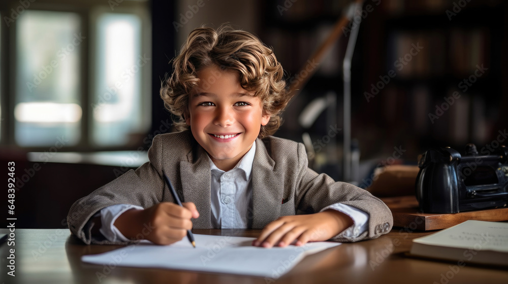 Smiling child school boy doing homework while sitting at desk at home. Generetive Ai