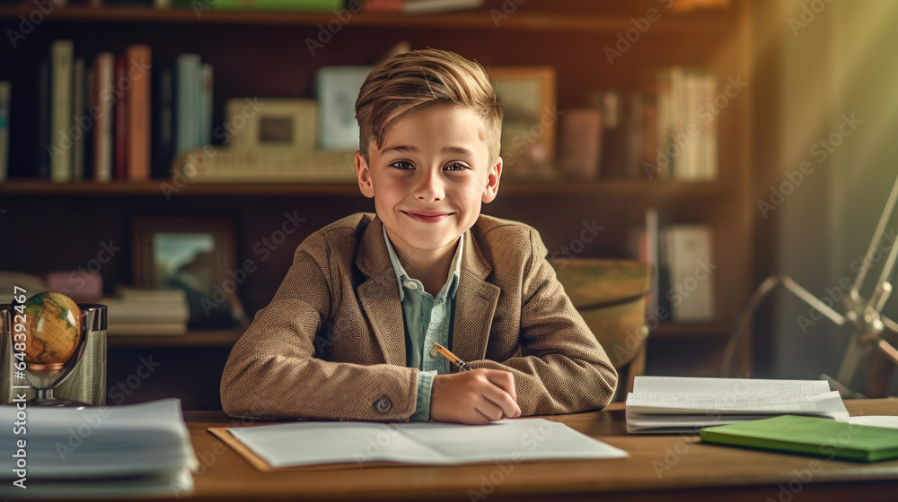 Smiling child school boy doing homework while sitting at desk at home. Generetive Ai