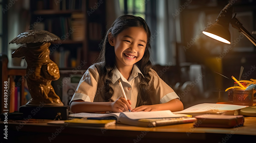 Smiling asian child school girl doing homework while sitting at desk at home. Generetive Ai