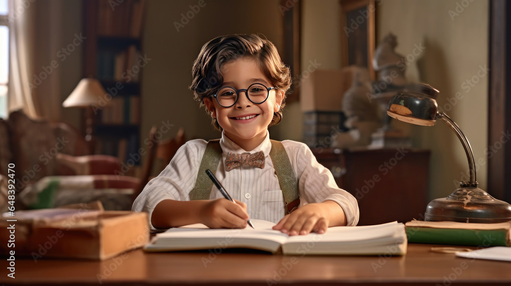 Smiling child school boy doing homework while sitting at desk at home. Generetive Ai