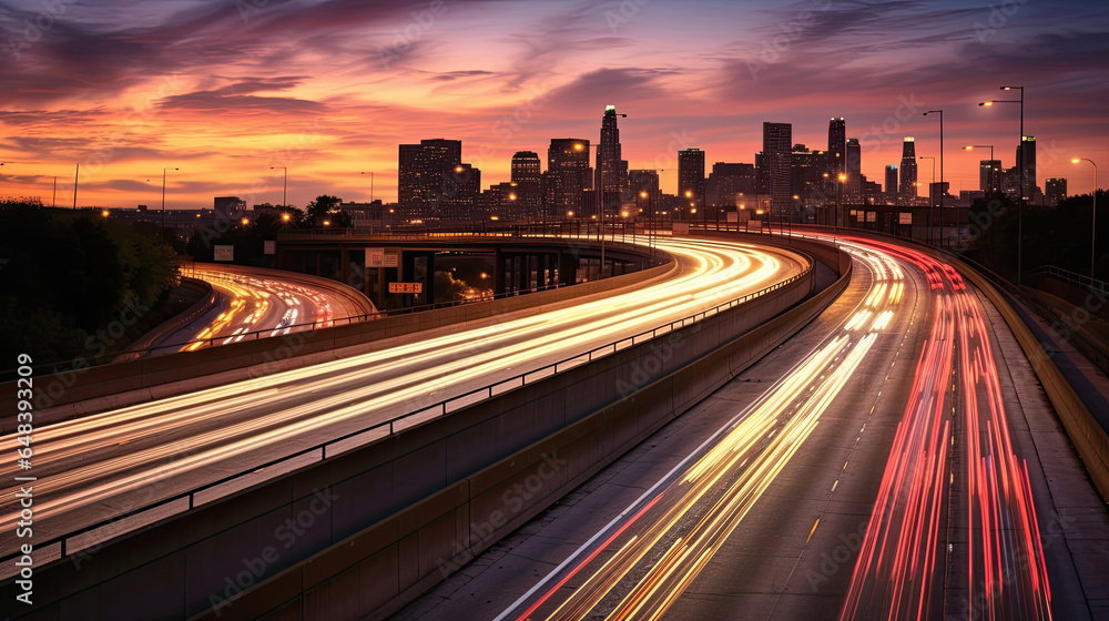 The motion blur of a busy urban highway during the evening rush hour. Generetive Ai